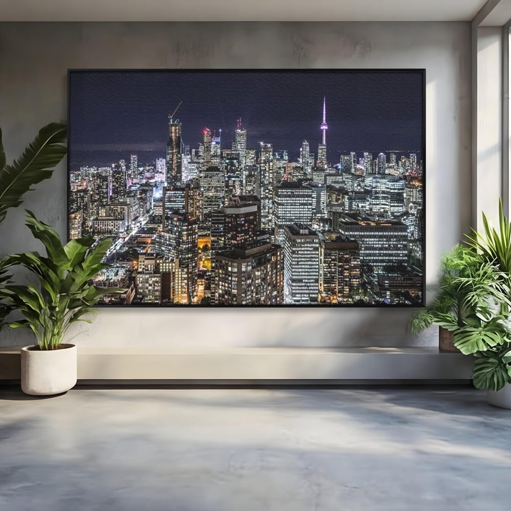 Tablou canvas cu panoramic nocturn cu toronto si cn tower, in rama de aluminiu negru